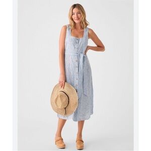 NWT Faherty Seaside Dress Women Linen Striped Midi Blue White Button Up Belted